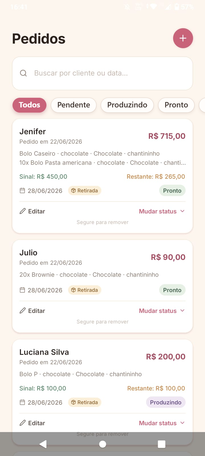 Tela de pedidos do Confeito
