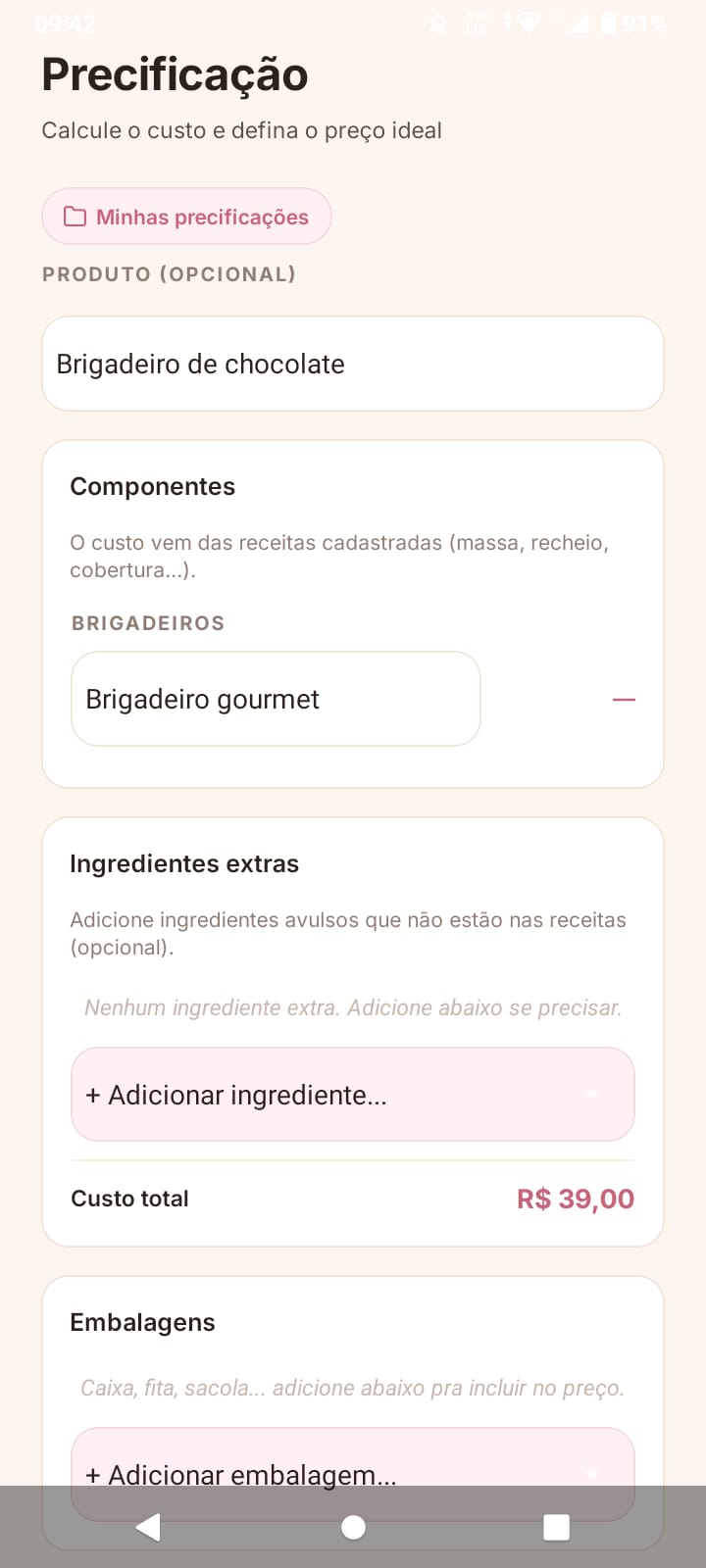 Tela de precificação do Confeito